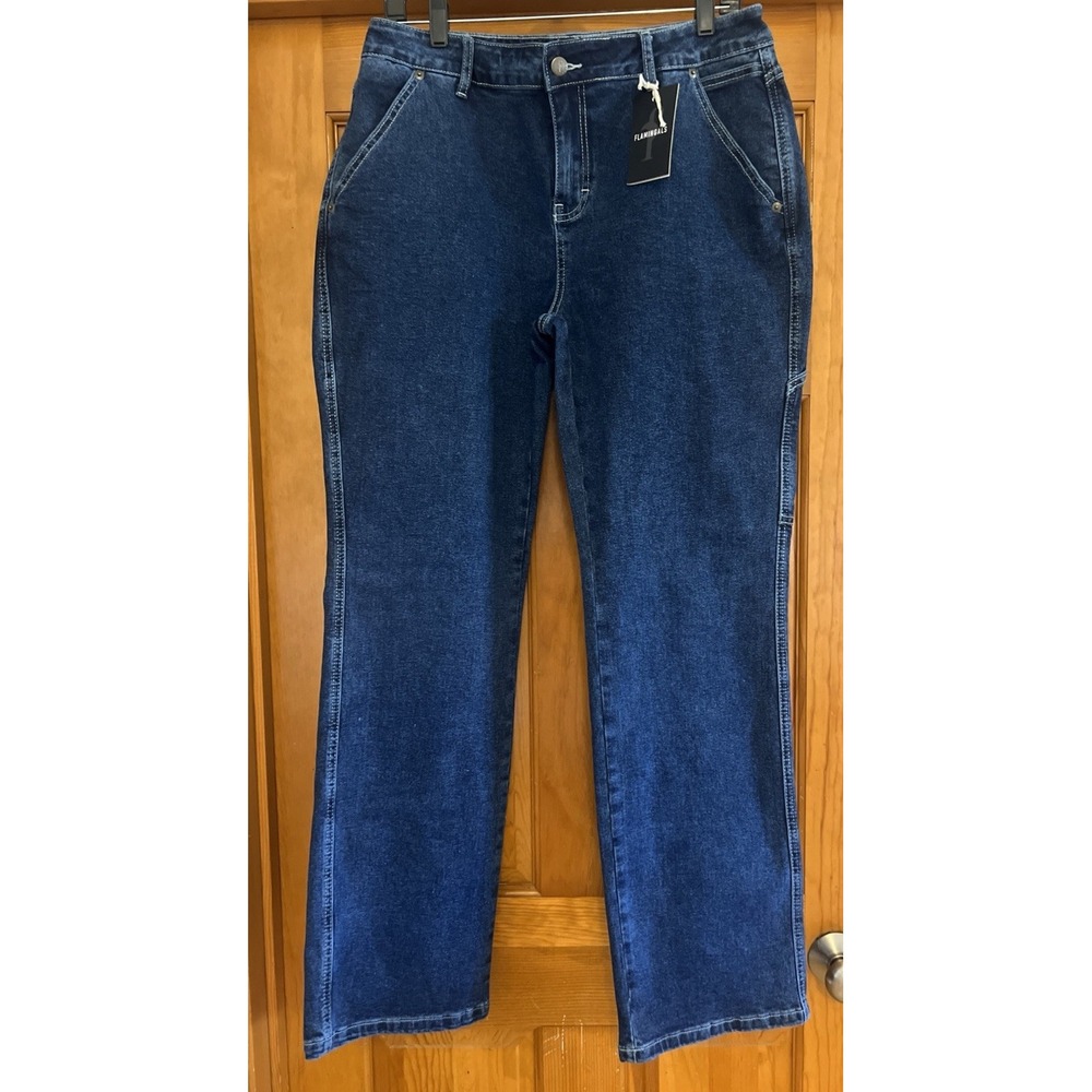 Flamingals Women's Jeans White/Green Stitch Pockets Sz Xl Inseam 32